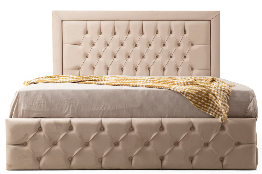 Cadre de Lit Velours Capitonné Beige Crème
