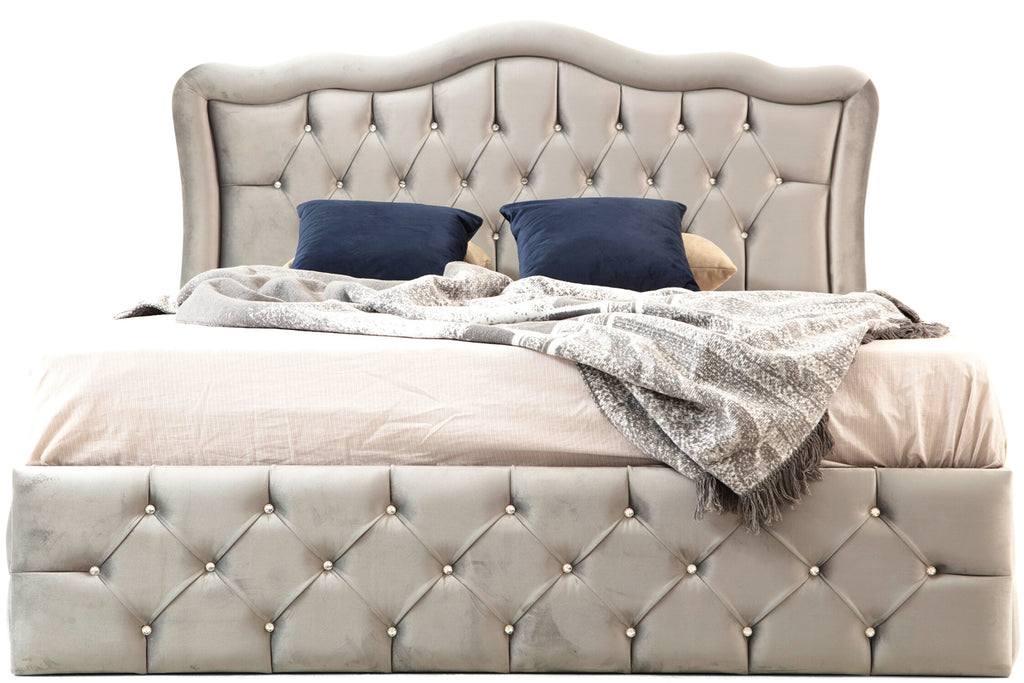 Cadre de Lit Velours Capitonné Gris avec Détails Cristal