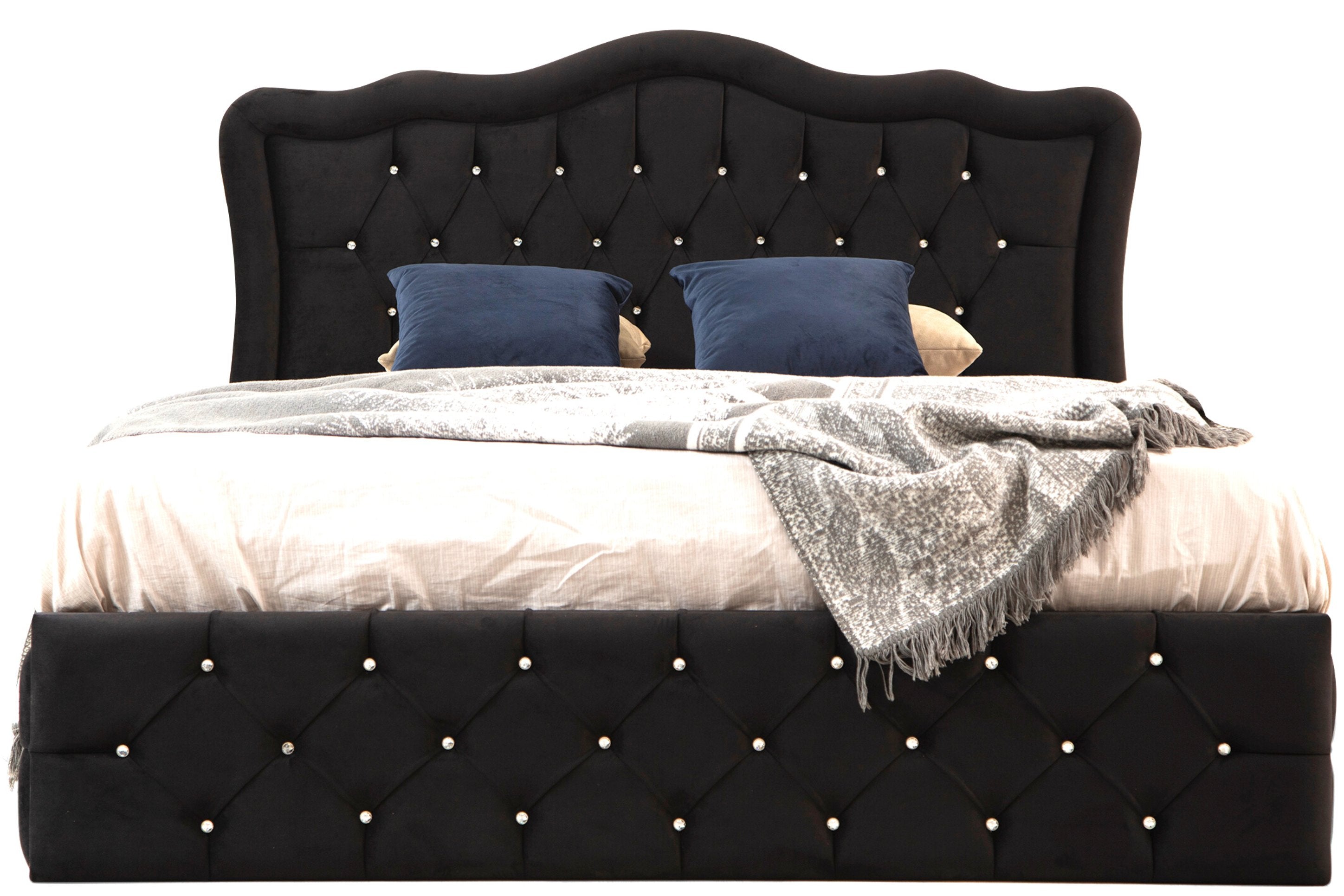 Cadre de Lit Velours Capitonné Noir avec Détails Cristal