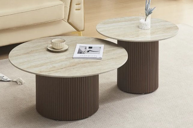 Table Basse Céramique Brillante Travertin Pieds Bois