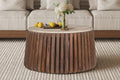 Table Basse Ronde Bois de Manguier et Travertin Naturel