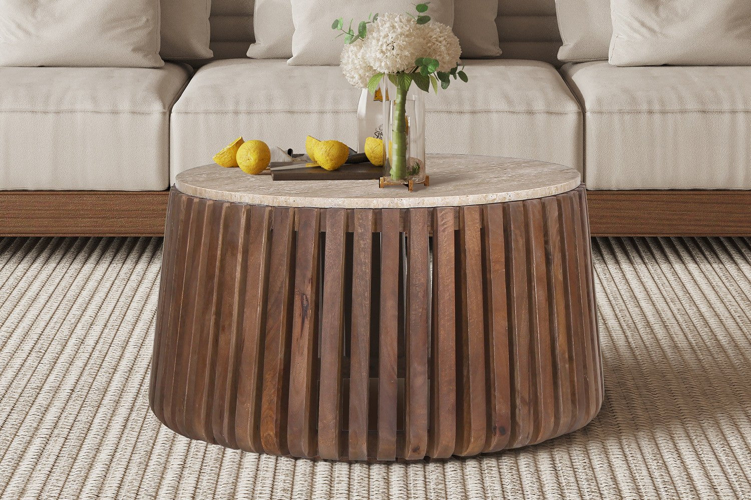 Table Basse Ronde Bois de Manguier et Travertin Naturel