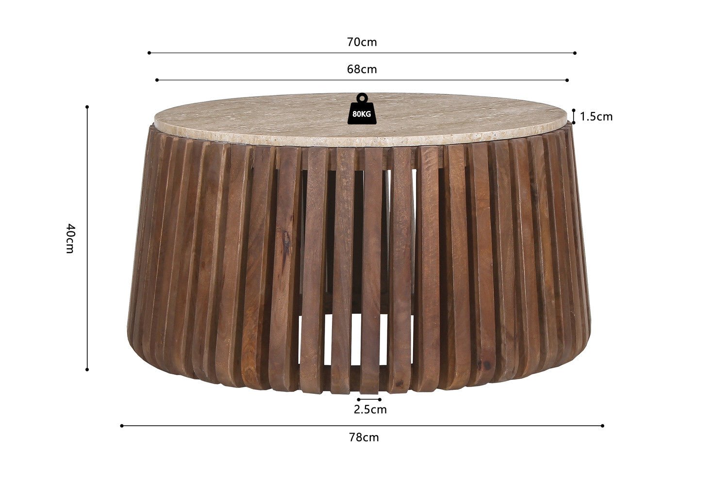 Table Basse Ronde Bois de Manguier et Travertin Naturel