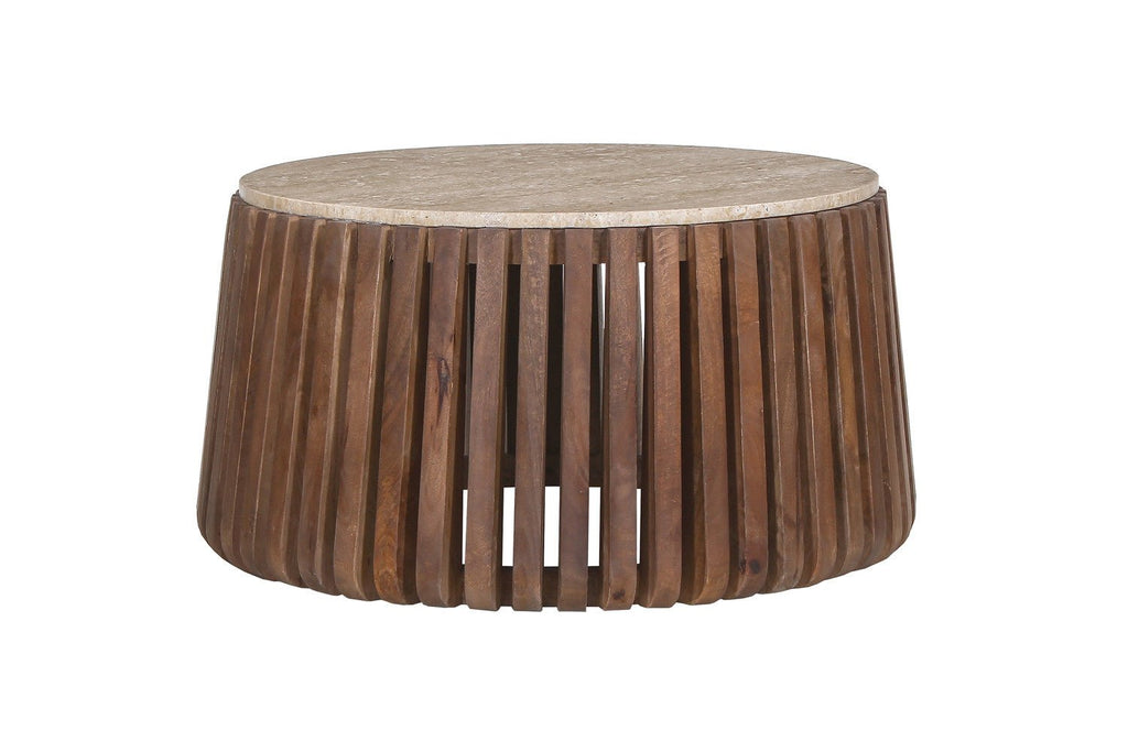 Table Basse Ronde Bois de Manguier et Travertin Naturel
