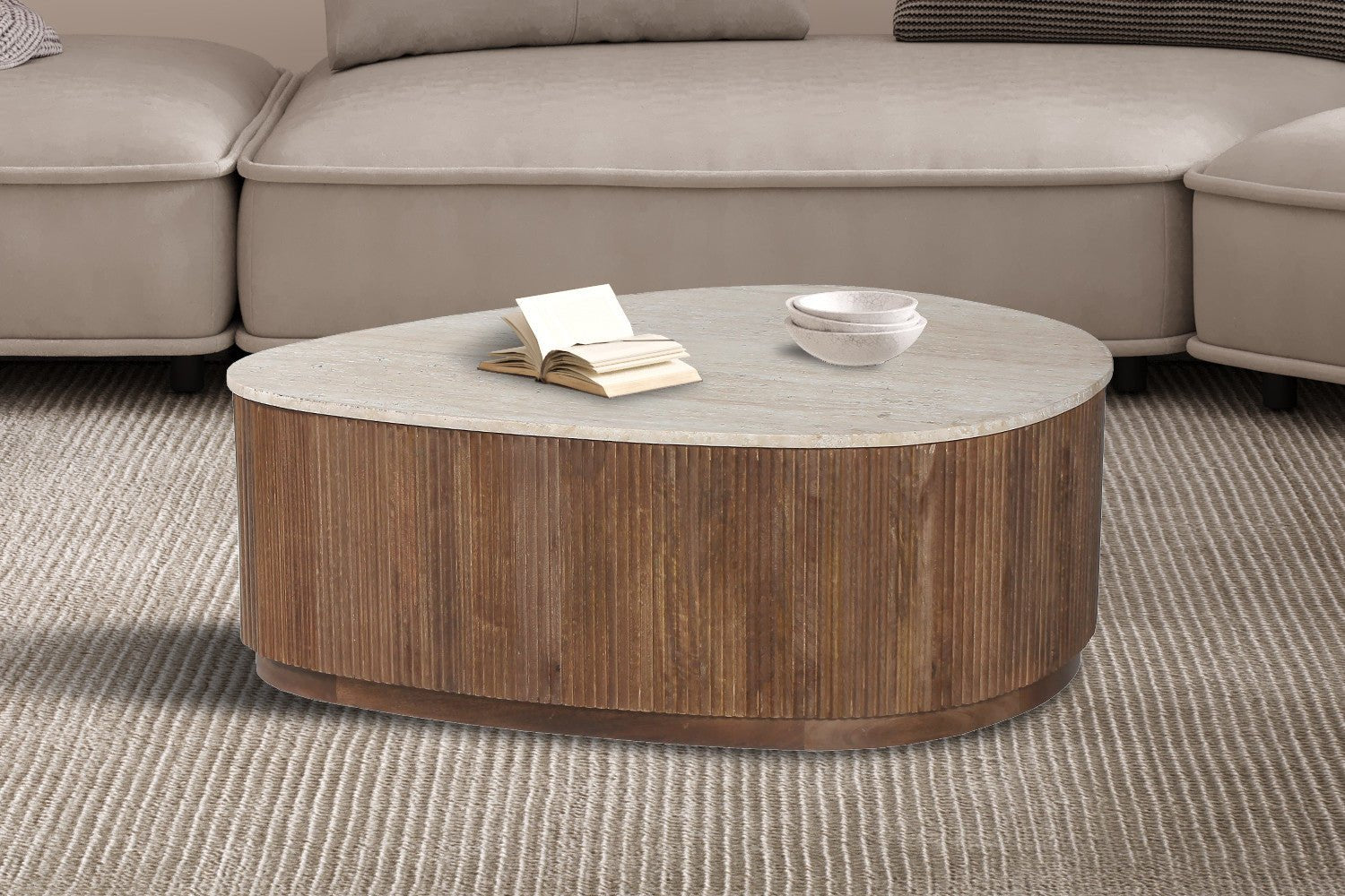 Table Basse Grande Taille Travertin et Manguier Massif