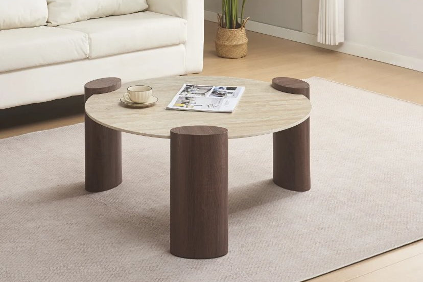 Table Basse Céramique Effet Travertin Pied MDF 90cm