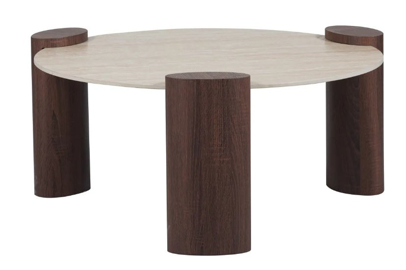 Table Basse Céramique Effet Travertin Pied MDF 90cm