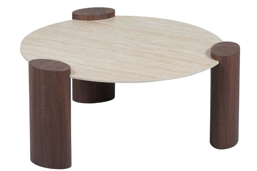 Table Basse Céramique Effet Travertin Pied MDF 90cm